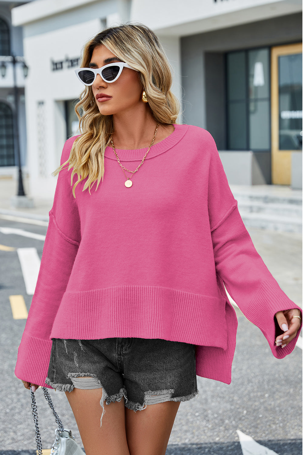 High-Low Slit Round Neck Long Sleeve Sweater