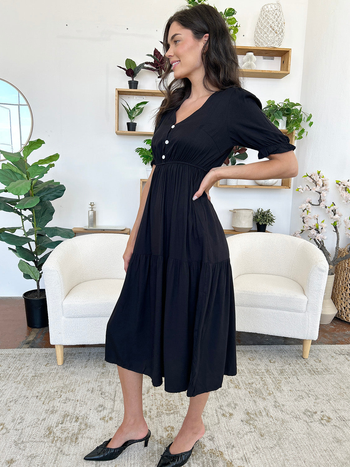 Perfee Ruched V-Neck Half Sleeve Midi Dress