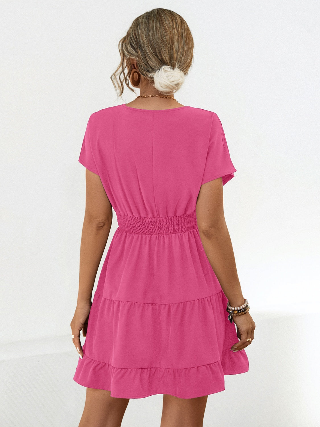 Ruffled Smocked V-Neck Tiered Dress