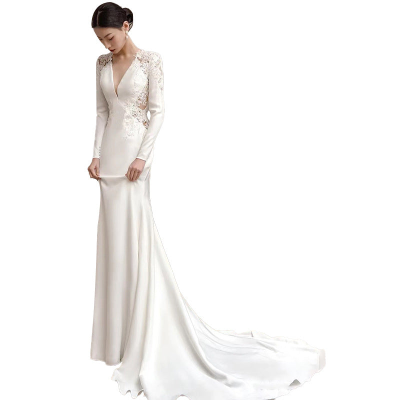 Satin Light Wedding Dress Long Sleeved Slim Fishtail Lace French