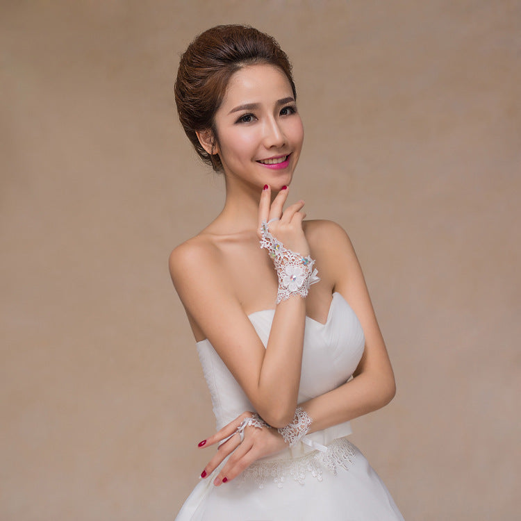 Bridal Wedding Dress Water Soluble Flower Fingerless Short Colored Diamond Gloves