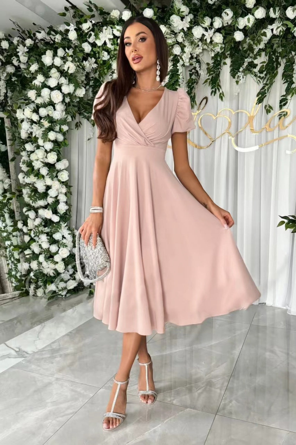 Surplice Puff Sleeve Midi Dress