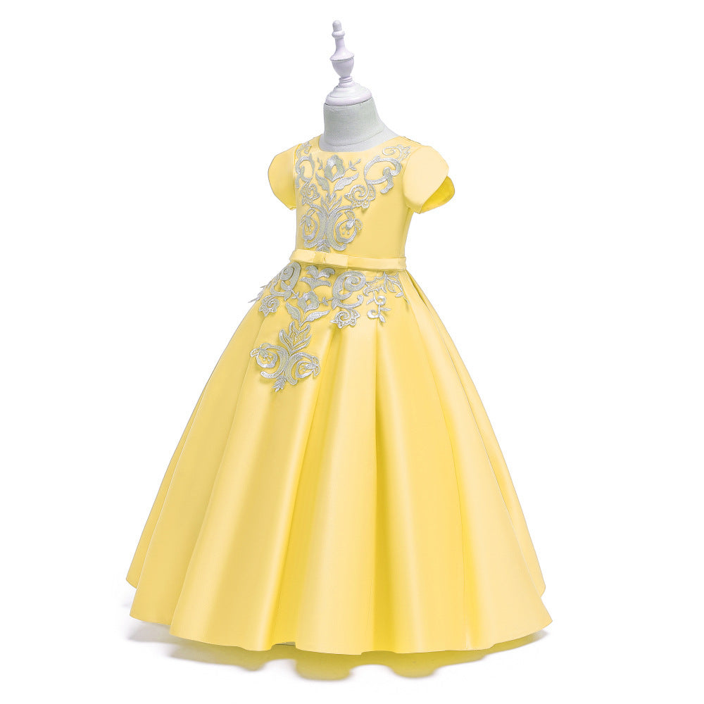 Children's Dress High-end Satin Embroidered Umbrella Princess Dress Long Flower Girl Wedding Dress