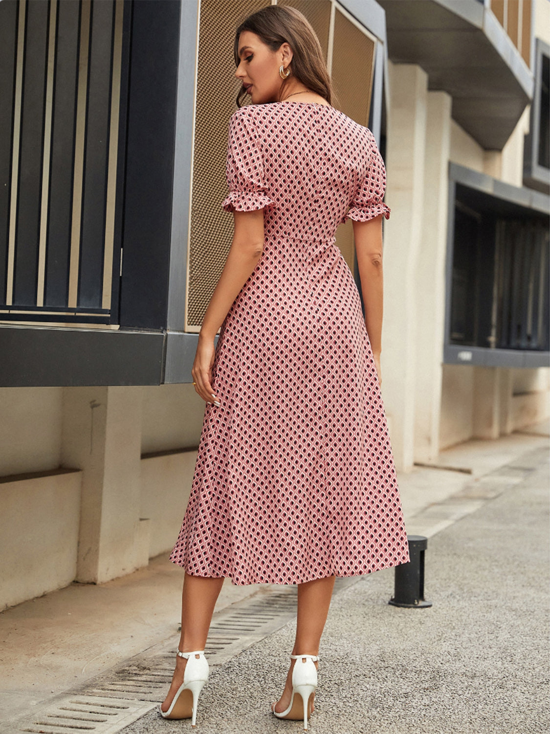 Printed V-Neck Flounce Sleeve Midi Dress