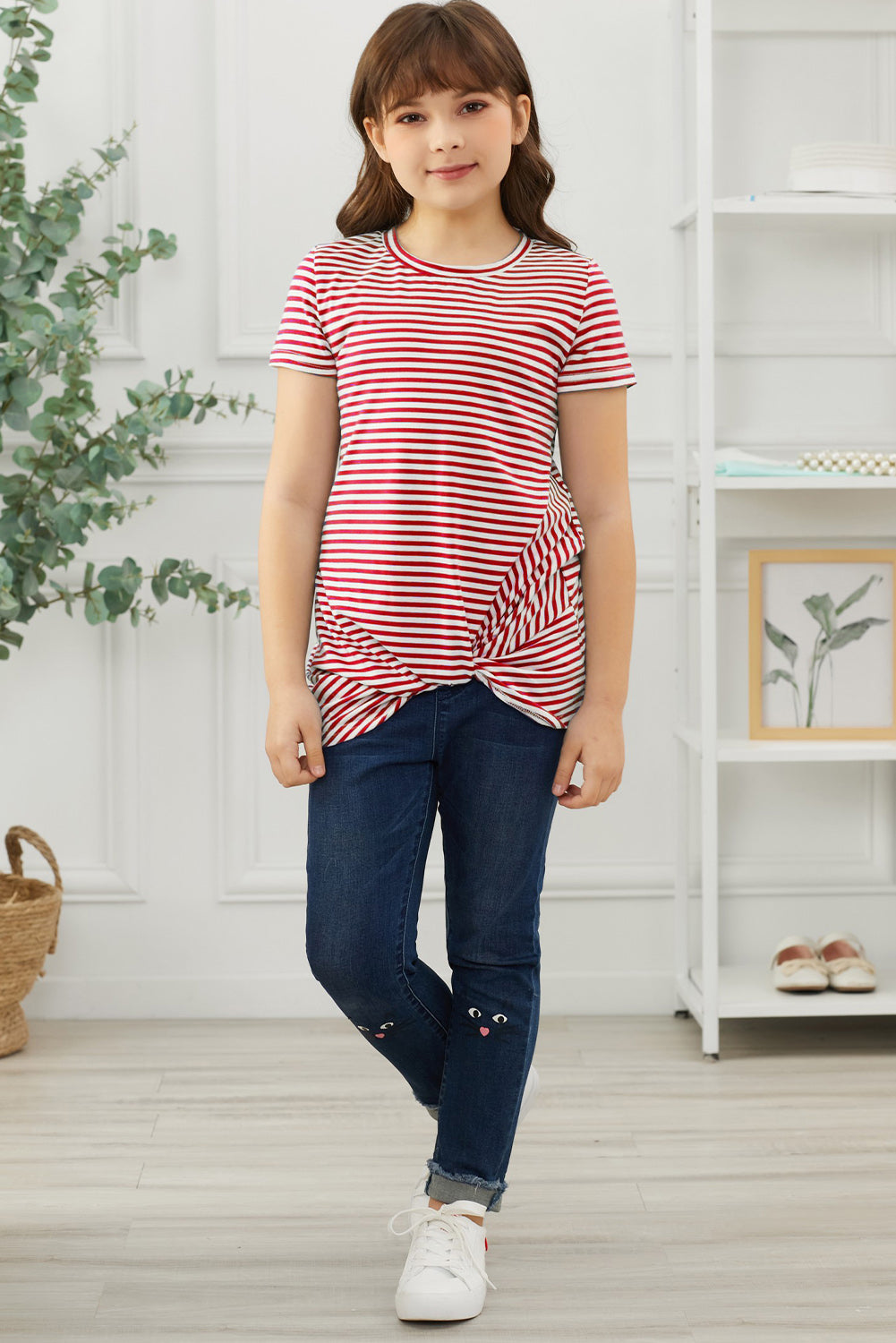 Girls Striped Round Neck Twisted Tee Shirt