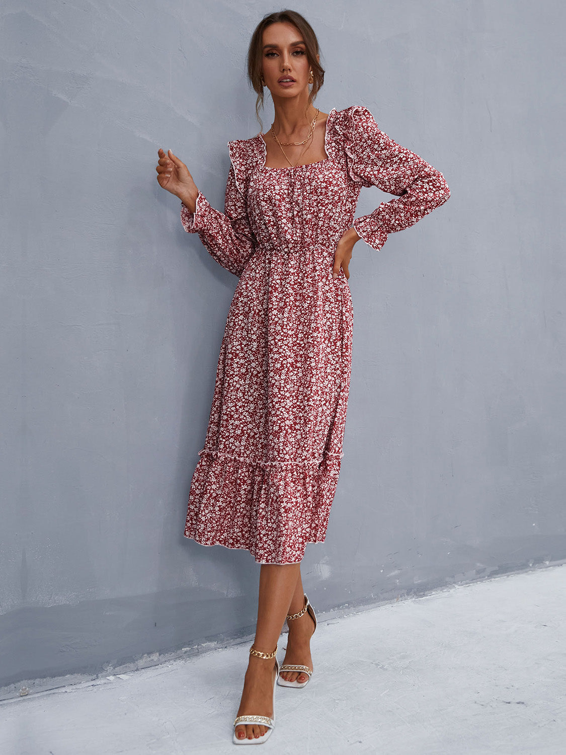 Perfee Ruffled Ditsy Floral Flounce Sleeve Dress