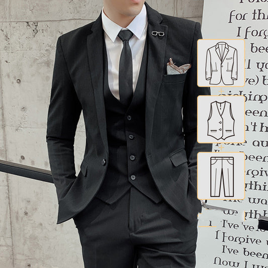 Men's suit suit Korean Slim Striped Three-piece Customized Dress Suit Suit One Button Banquet Wedding Dress