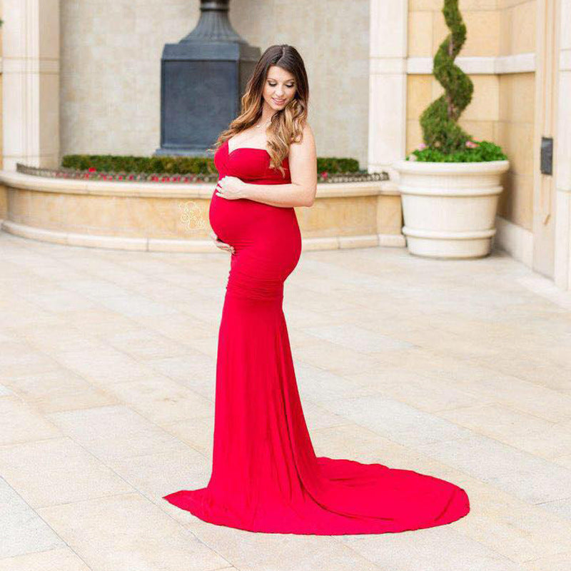 Pregnant Women Photo Shoot Wedding Dress Sleeveless Low-Cut Tail Dress