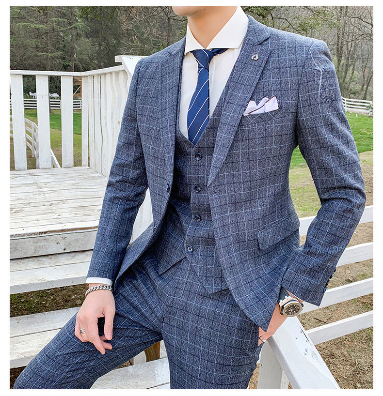 Korean Slim Men's Check Three-piece Customized Wedding Banquet Dress Groom Men's Suit