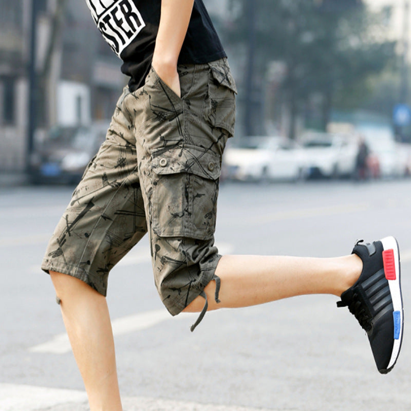 Straight-Leg Cargo Shorts Multi-Pocket Middle Pants