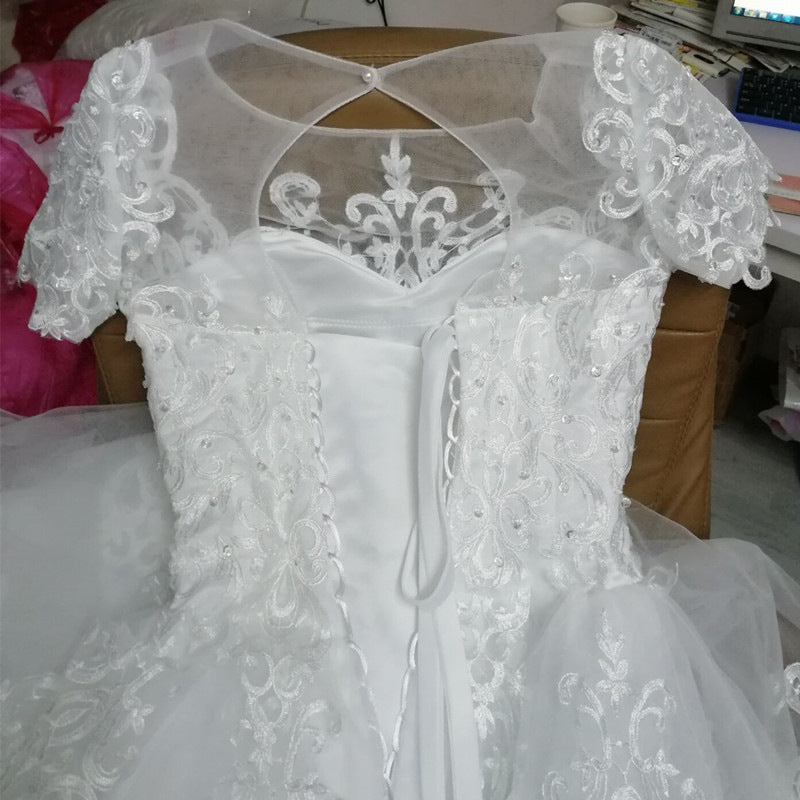 Trailing Wedding Dress White Lace Plus Size Short-sleeved Dress