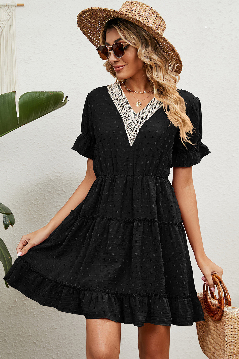 Swiss Dot V-Neck Flounce Sleeve Mini Dress