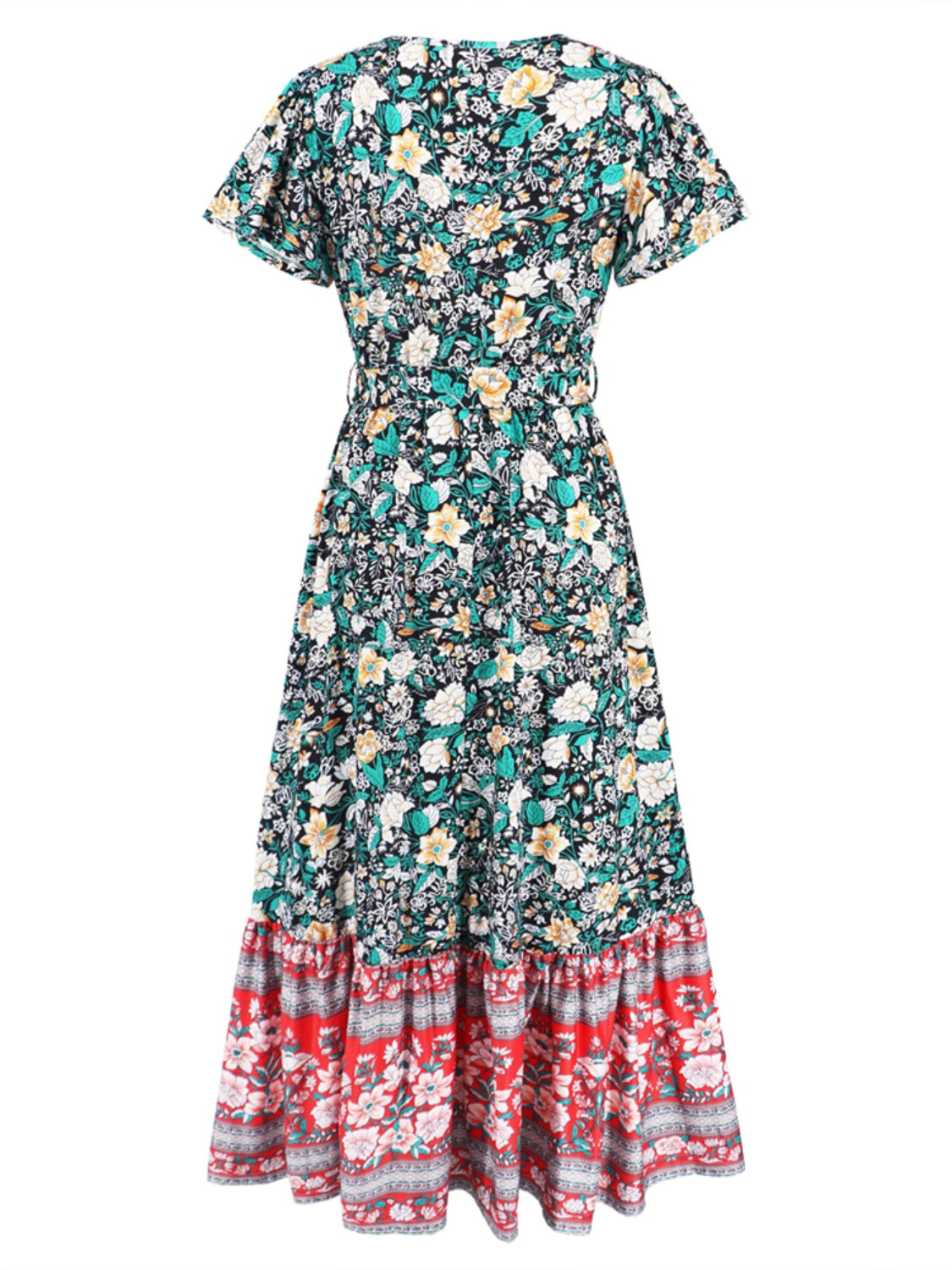 Tied Printed V-Neck Short Sleeve Dress