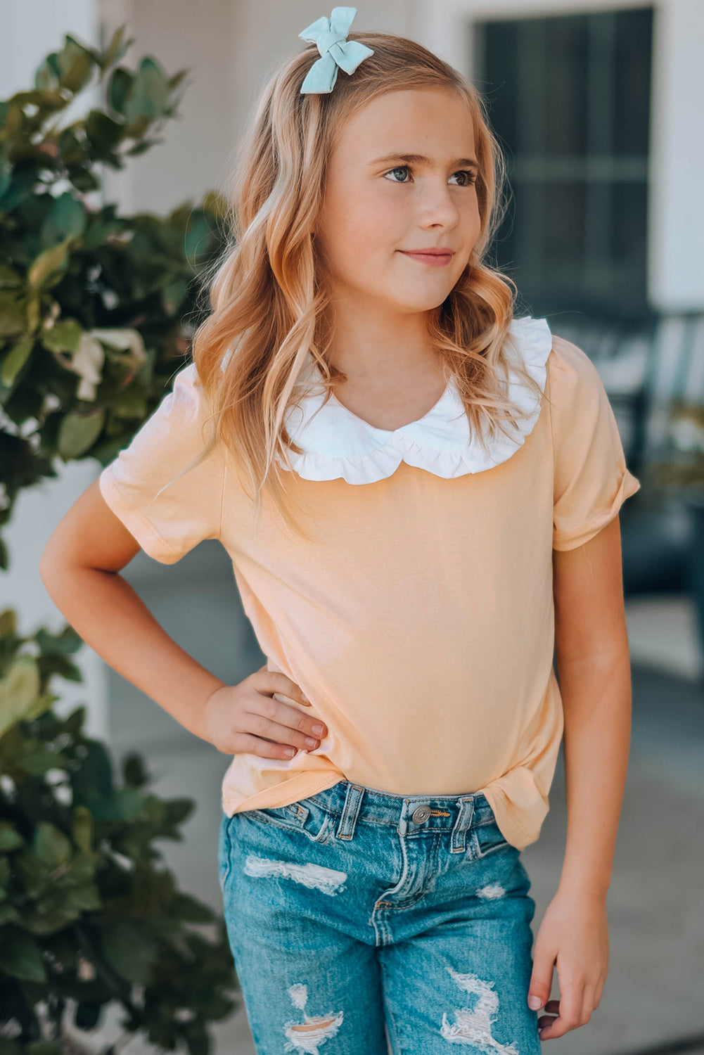 Girls Contrast Peter Pan Collar Short Sleeve Top