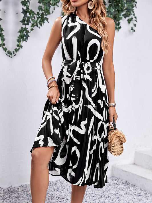 Perfee Printed Single Shoulder Tie Waist Dress