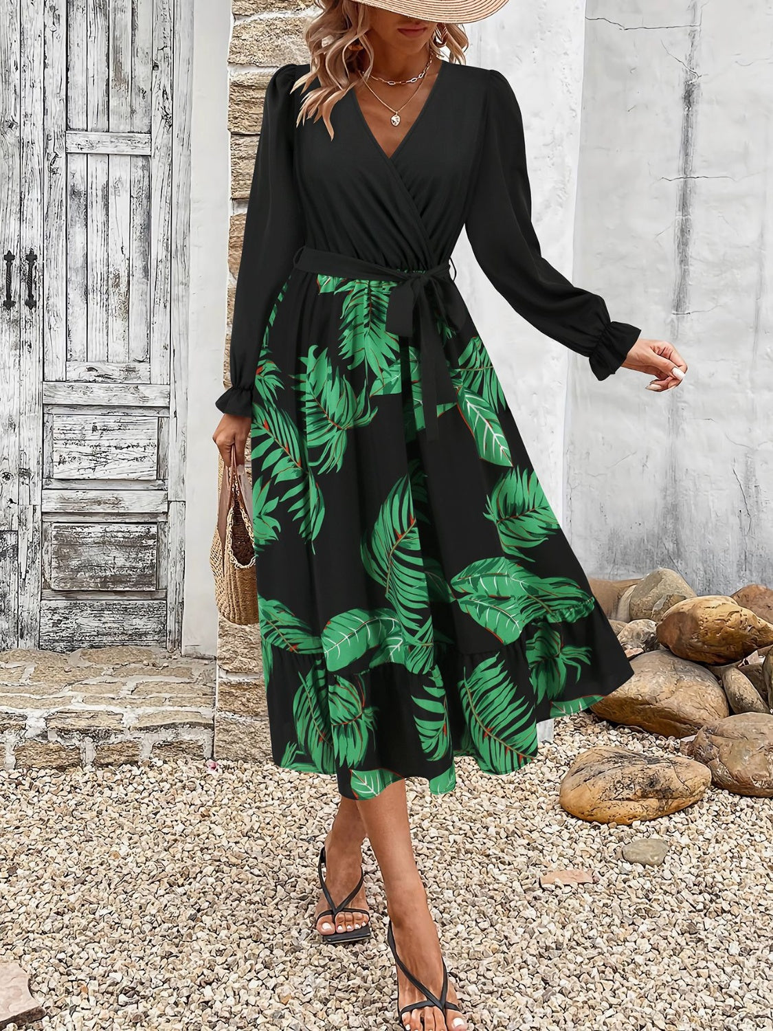 Tied Ruffled Printed Long Sleeve Dress