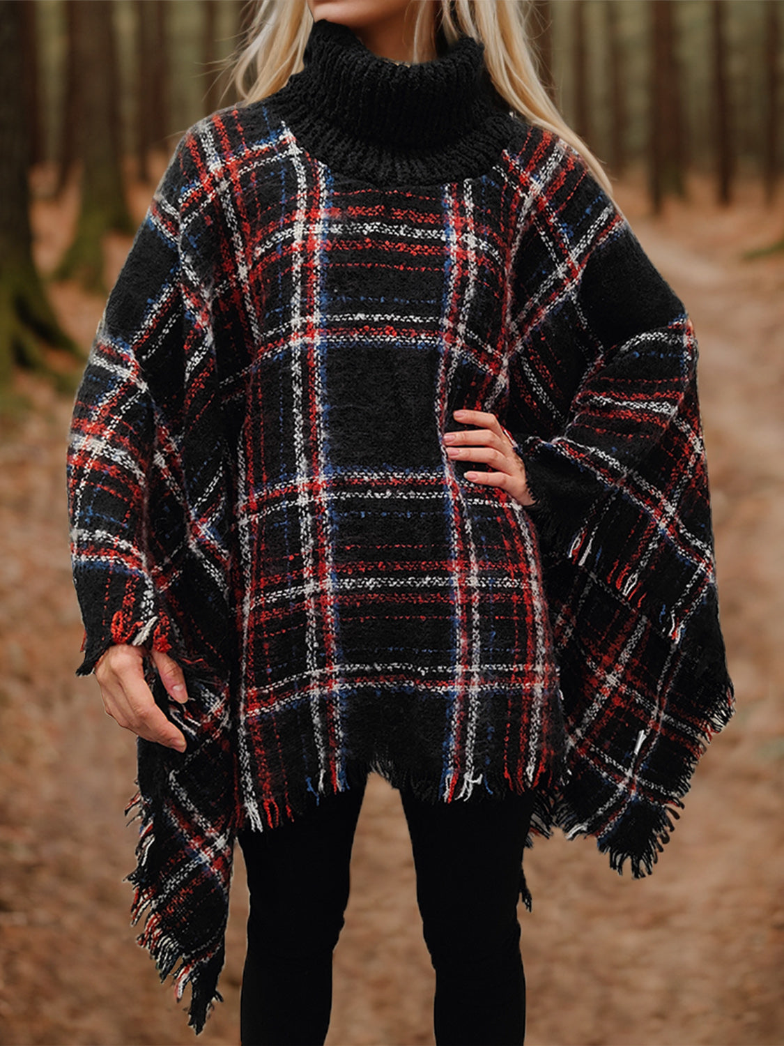 Turtleneck Plaid Raw Hem Sweater