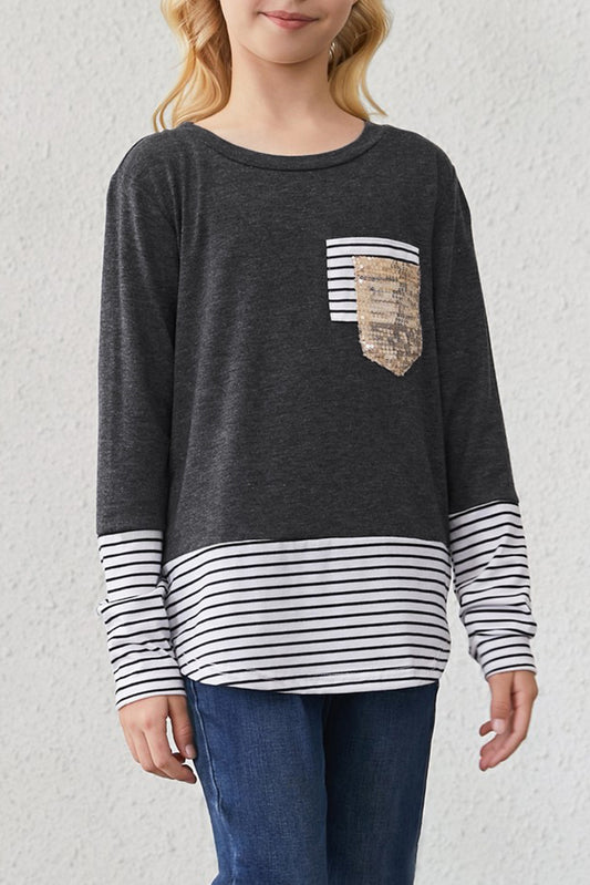 Girls Striped Color Block Sequin Pocket Top