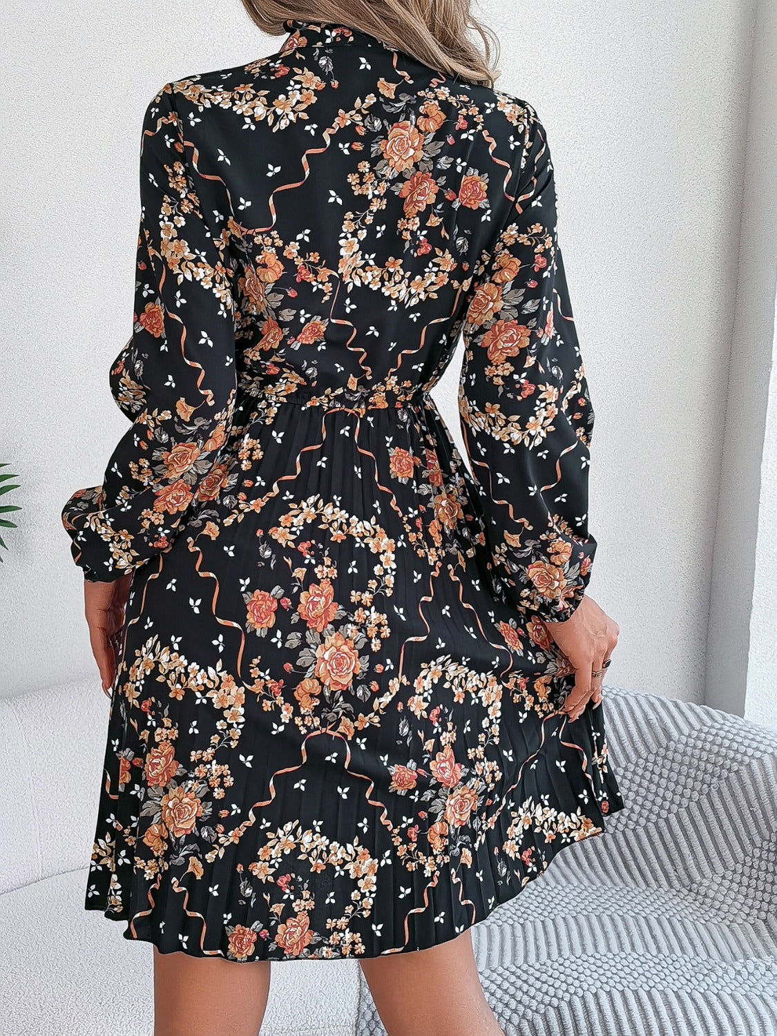 Pleated Printed Tie Neck Long Sleeve Dress