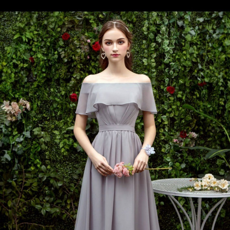 Bridesmaid Long Gray Bridesmaid Sisters Wedding Slimming Off-shoulder Banquet Dress