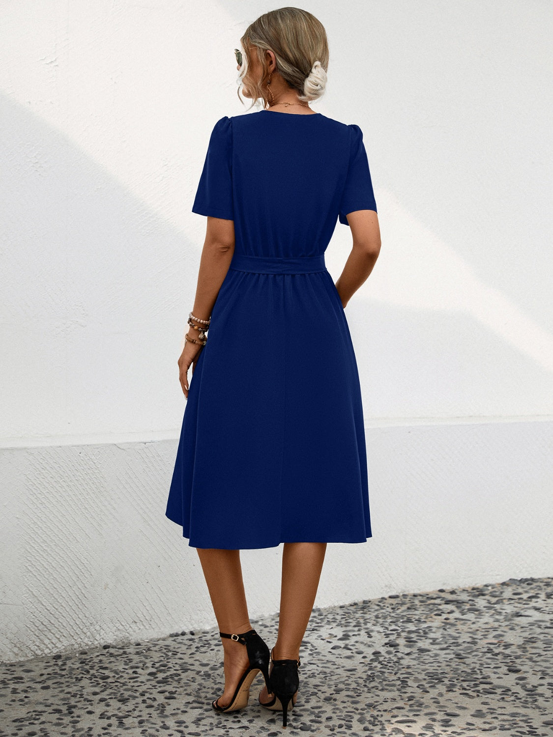 Tied Notched Short Sleeve Dress