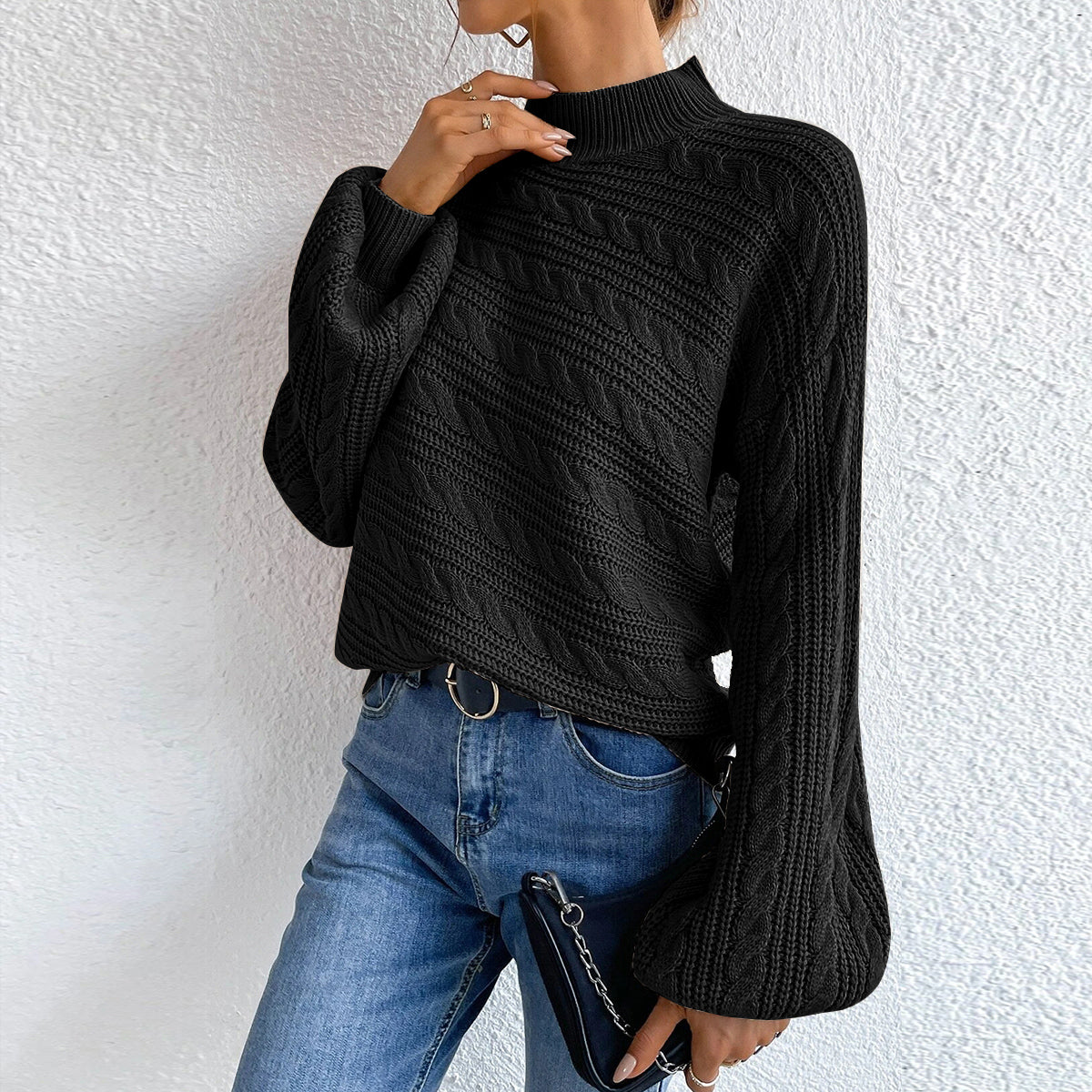 Cable-Knit Mock Neck  Long Sleeve Sweater