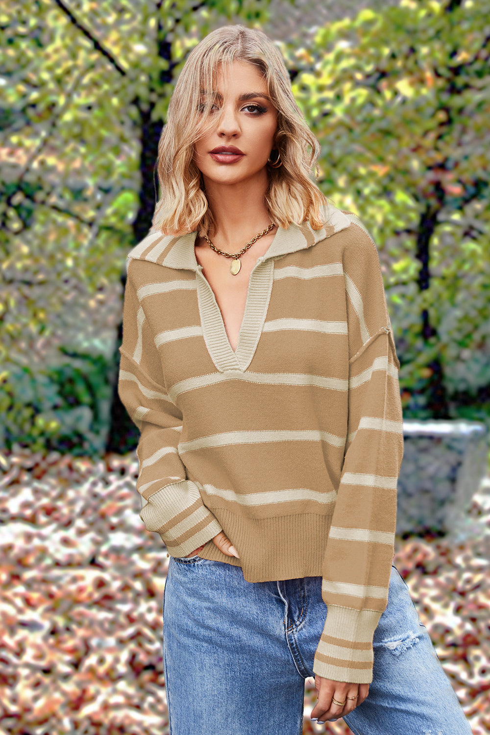 Striped Collared Long Sleeve Sweater