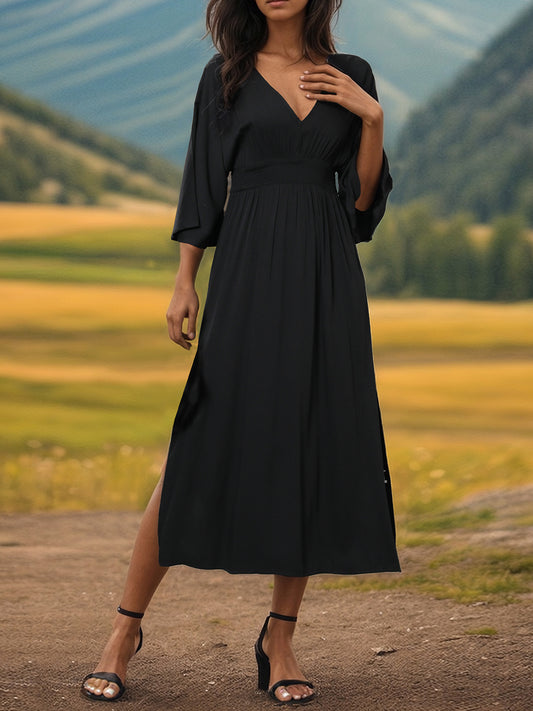 Perfee Slit V-Neck Long Sleeve Midi Dress