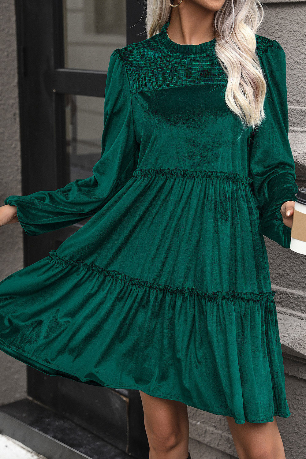 Perfee Smocked Balloon Sleeve Frill Trim Tiered Dress