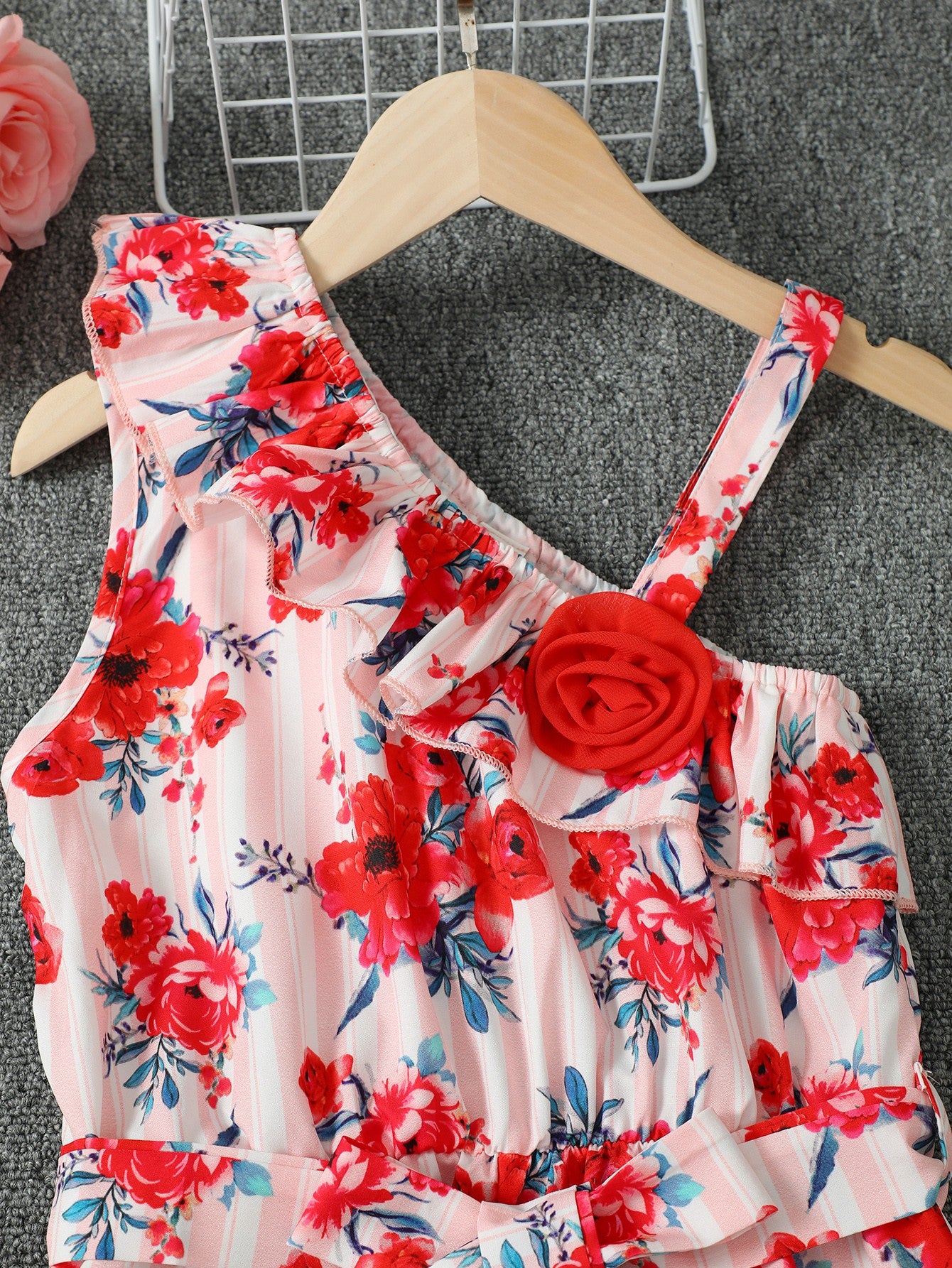 Floral Asymmetrical Neck Tie Belt Jumpsuit