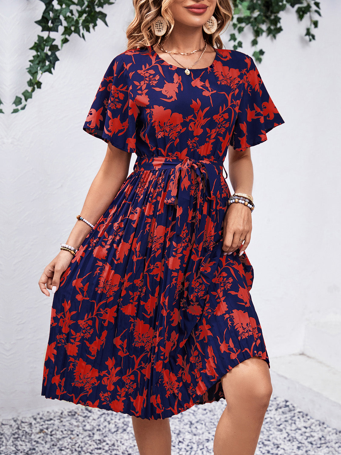 Perfee Printed Round Neck Short Sleeve Dress