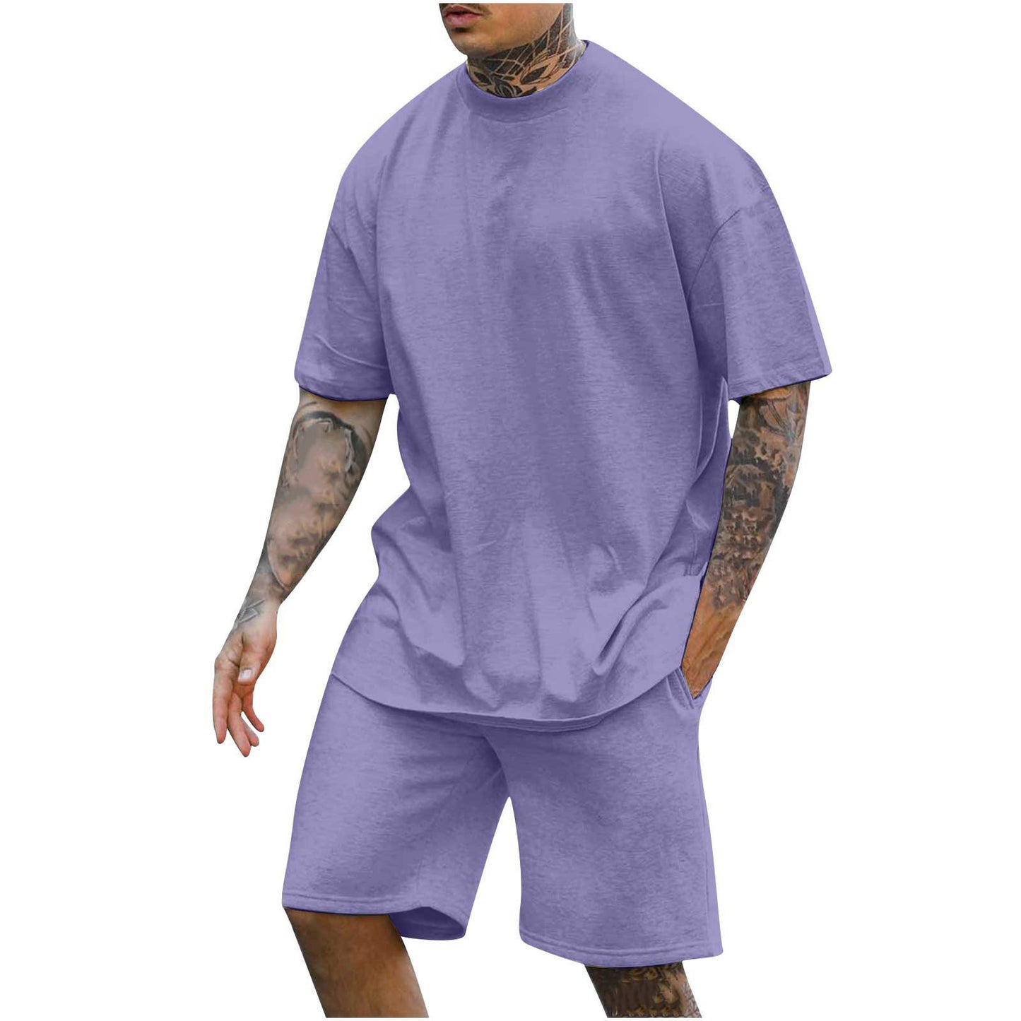 New Men's Round Neck Drop Shoulder Short Sleeve T-shirt Top Shorts Two-piece Set