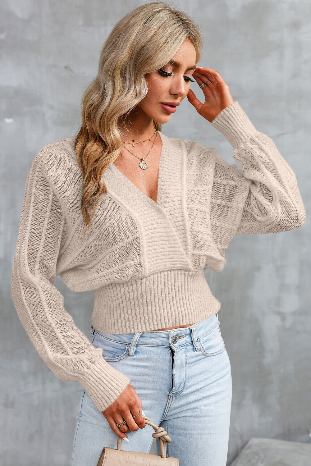 Surplice Neck Lace-Up Sweater