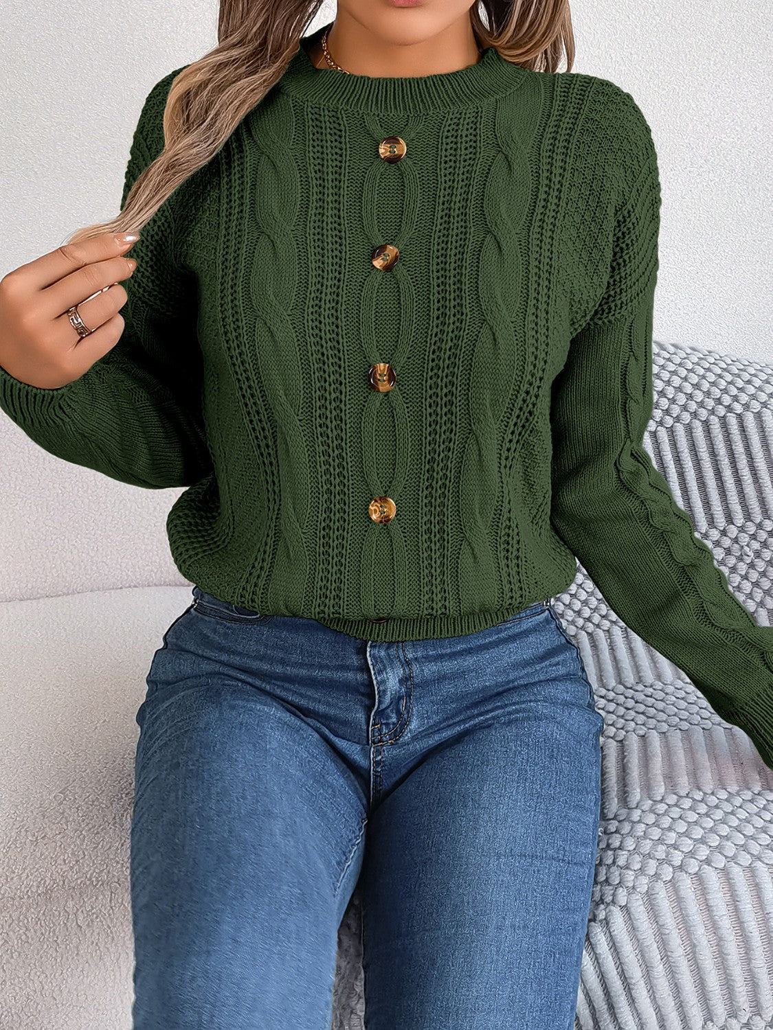 Cable-Knit Buttoned Round Neck Sweater