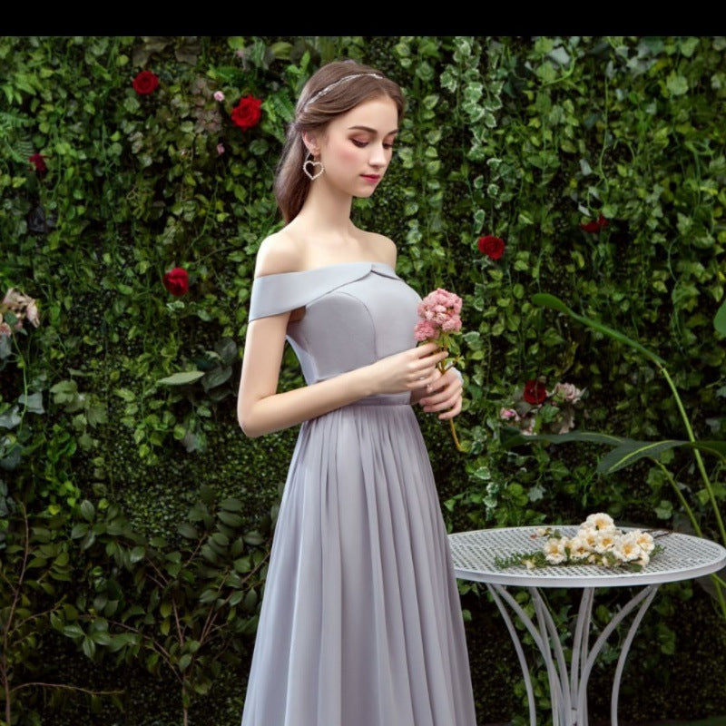 Bridesmaid Long Gray Bridesmaid Sisters Wedding Slimming Off-shoulder Banquet Dress