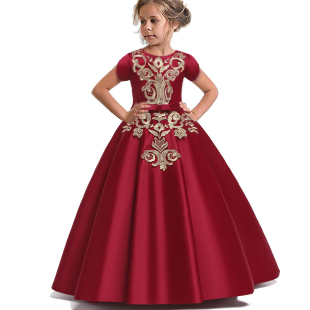 Children's Dress High-end Satin Embroidered Umbrella Princess Dress Long Flower Girl Wedding Dress