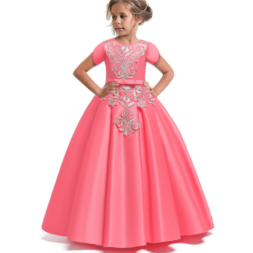 Children's Dress High-end Satin Embroidered Umbrella Princess Dress Long Flower Girl Wedding Dress