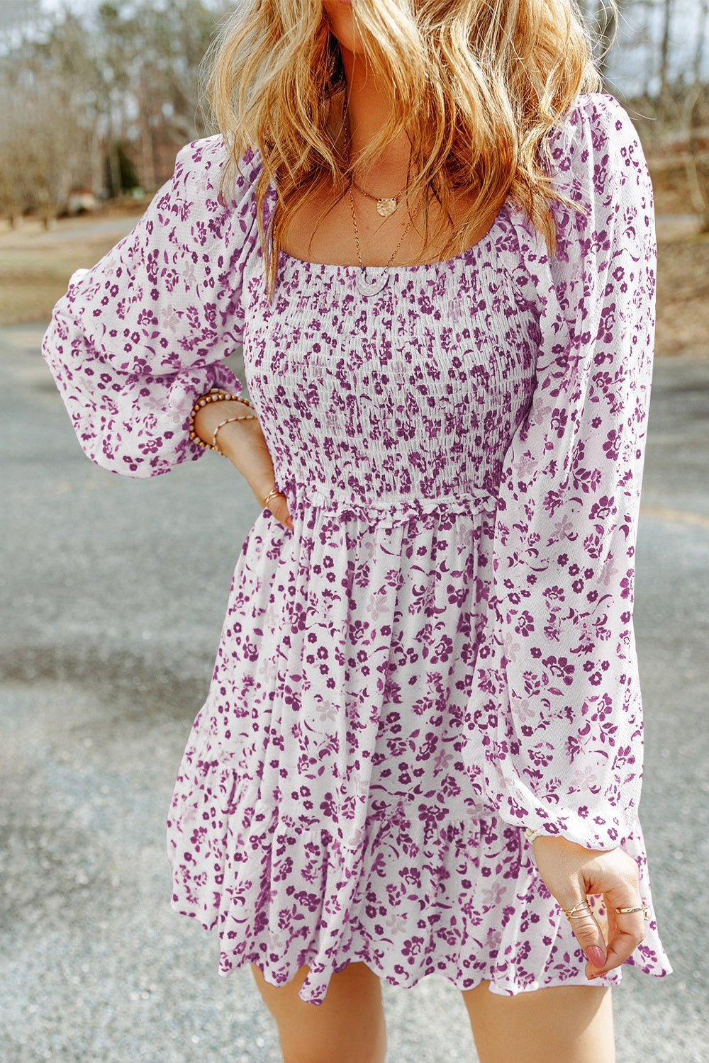 Smocked Floral Square Neck Balloon Sleeve Dress