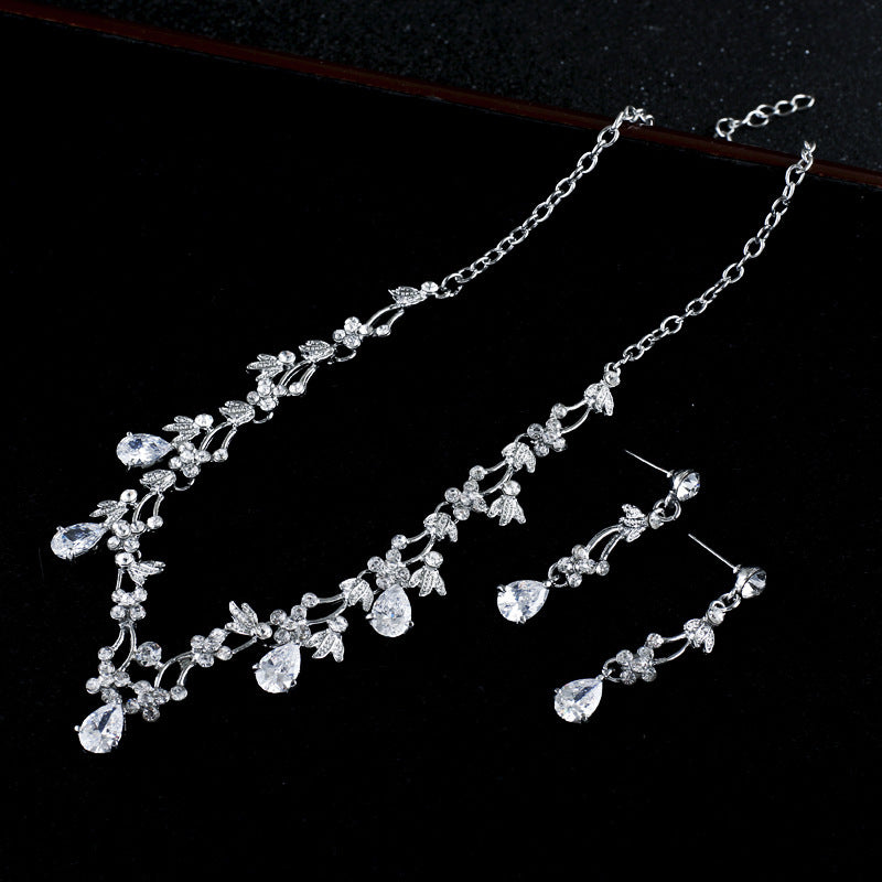 Simple Zircon Necklace Earrings Korean Bride Wedding Necklace set dinner party dress jewelry accessories