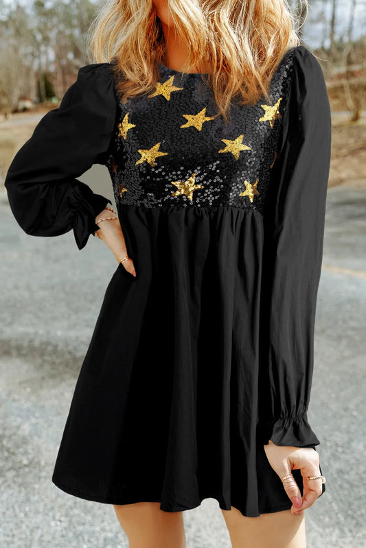 Star Sequin Round Neck Flounce Sleeve Mini Dress