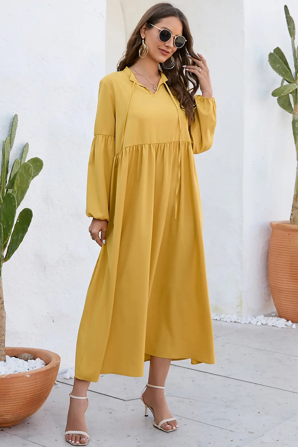 IZURIA Ruched Tie Neck Balloon Sleeve Midi Dress