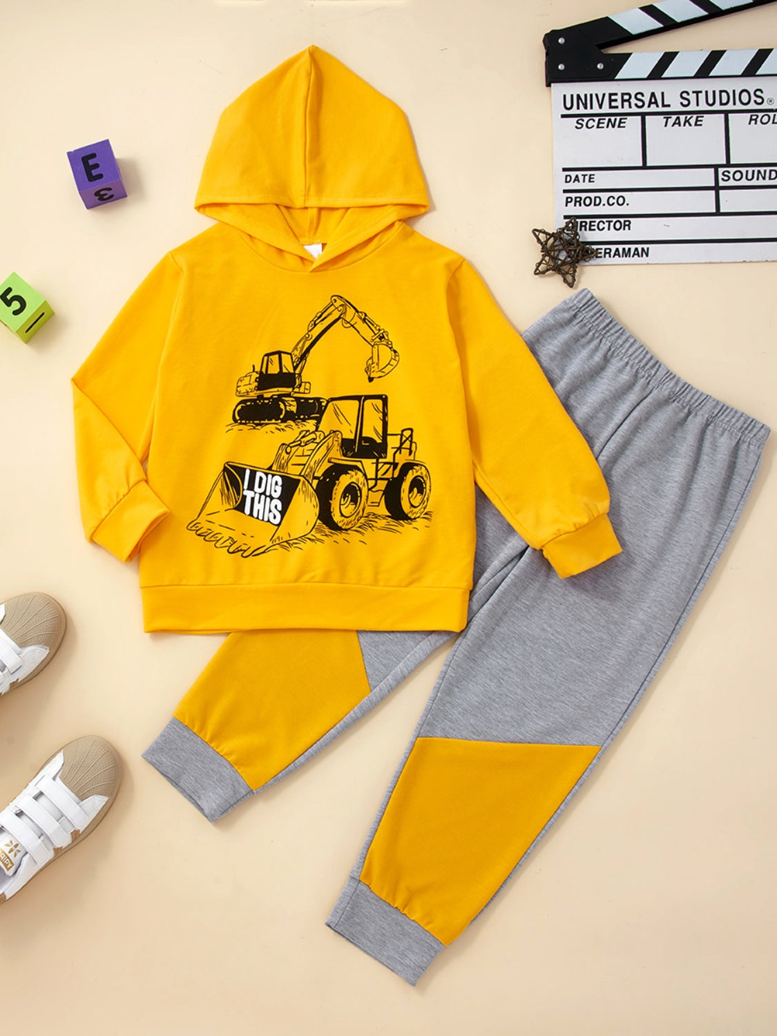 Graphic Hooded Top and Contrast Pants Set