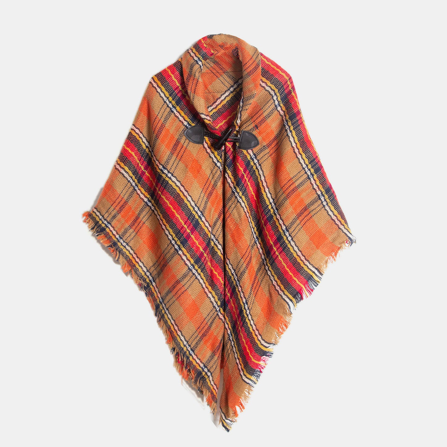 Plaid Horn Buckle Fringe Hem Shawl