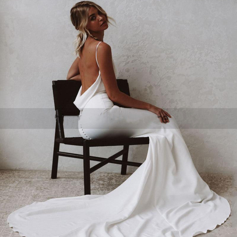 Mermaid Beach Wedding Deep V-Neck Back Dress