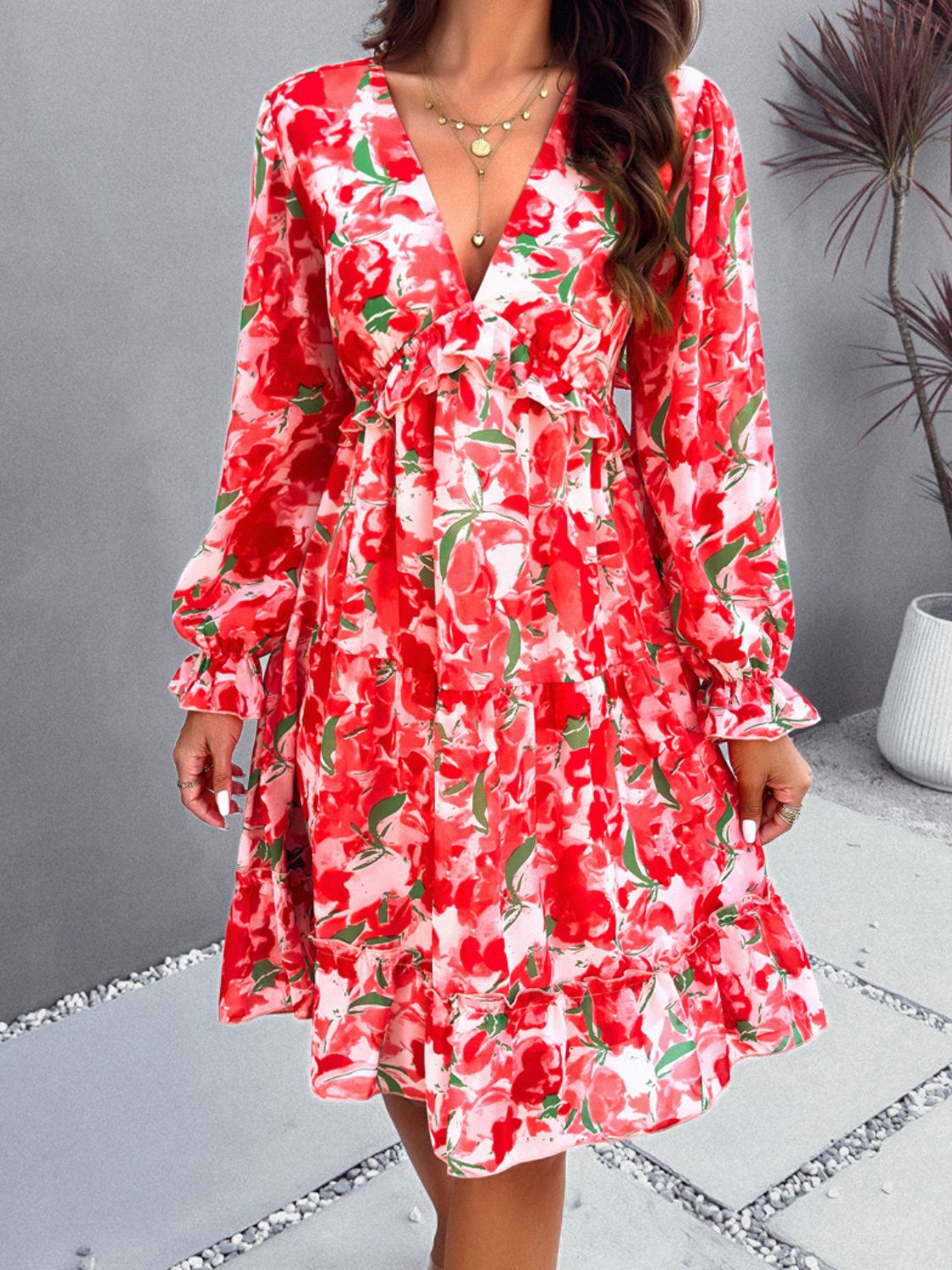 Devine Backless Printed V-Neck Flounce Sleeve Dress