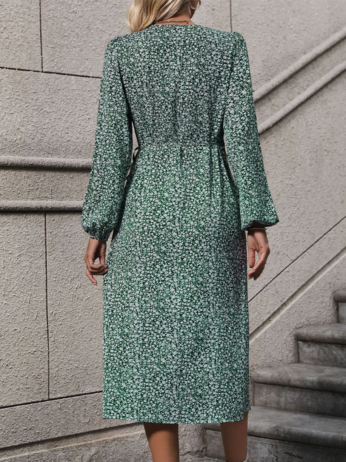 Perfee Printed Surplice Long Sleeve Midi Dress