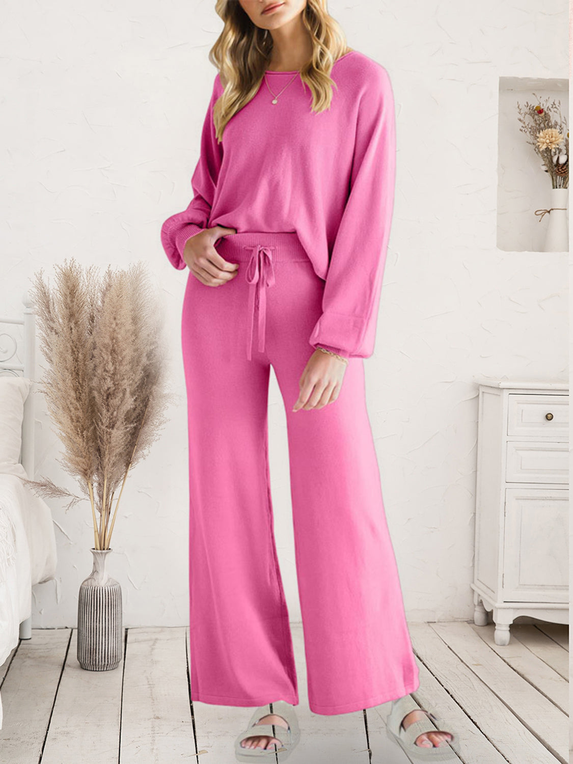 Long Sleeve Lounge Top and Drawstring Pants Set