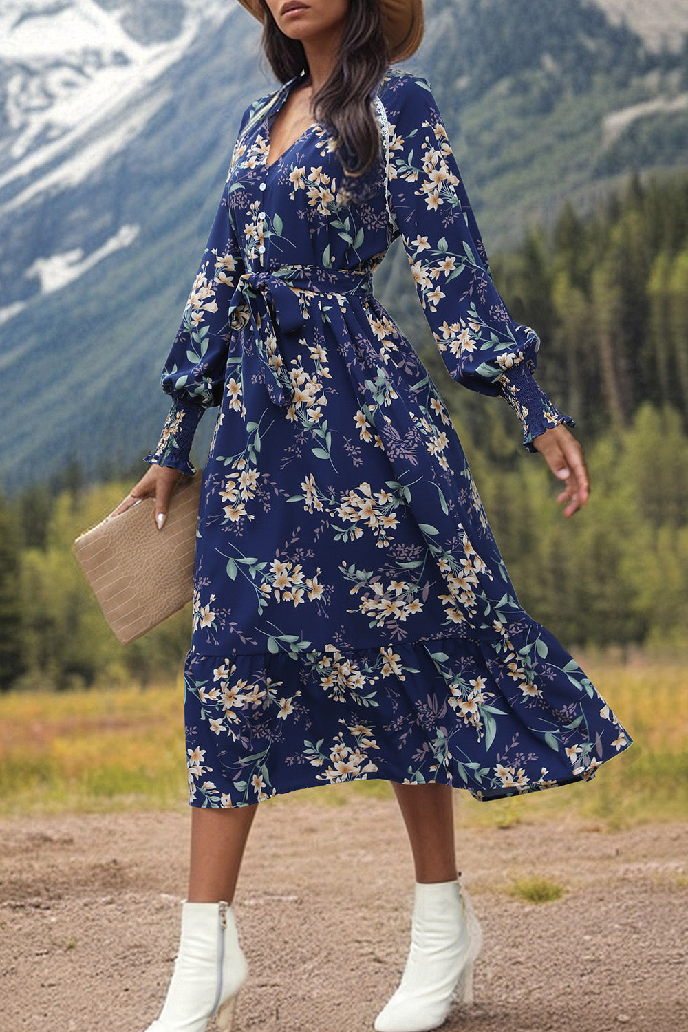 Perfee Printed Notched Lantern Sleeve Midi Dress