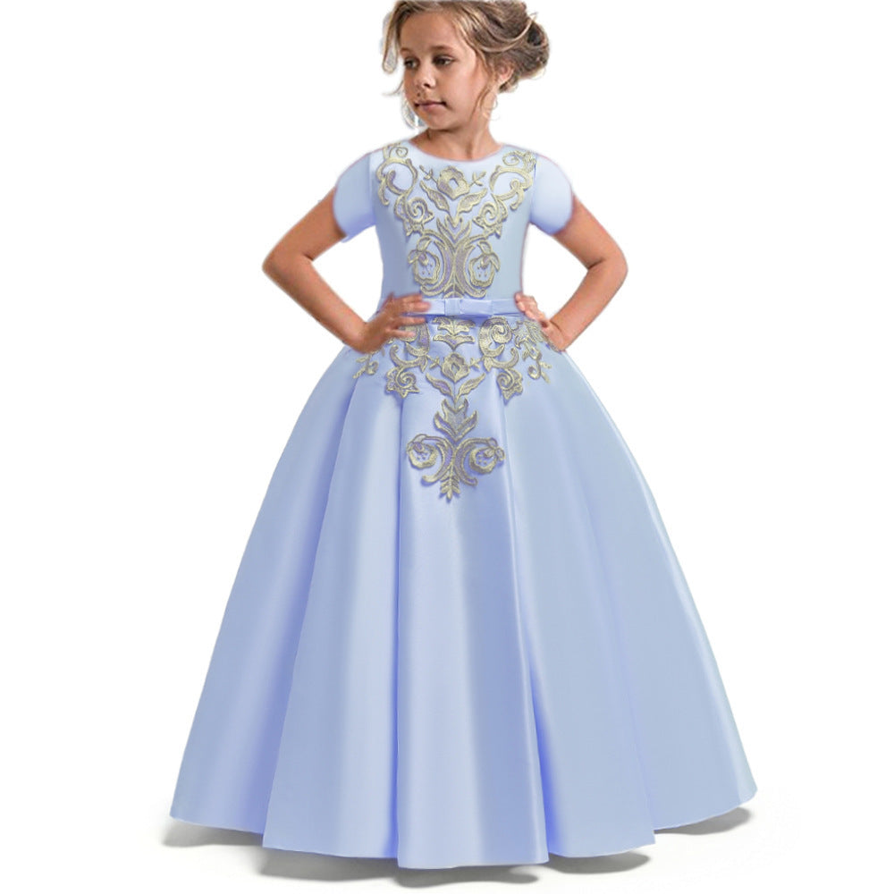 Children's Dress High-end Satin Embroidered Umbrella Princess Dress Long Flower Girl Wedding Dress