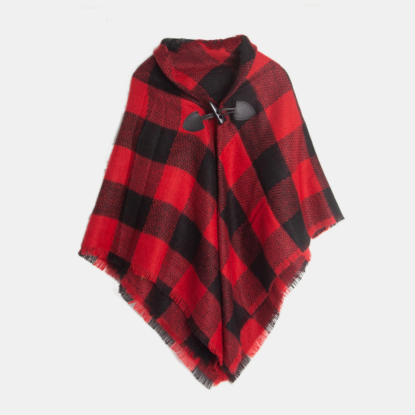 Plaid Horn Buckle Fringe Hem Shawl